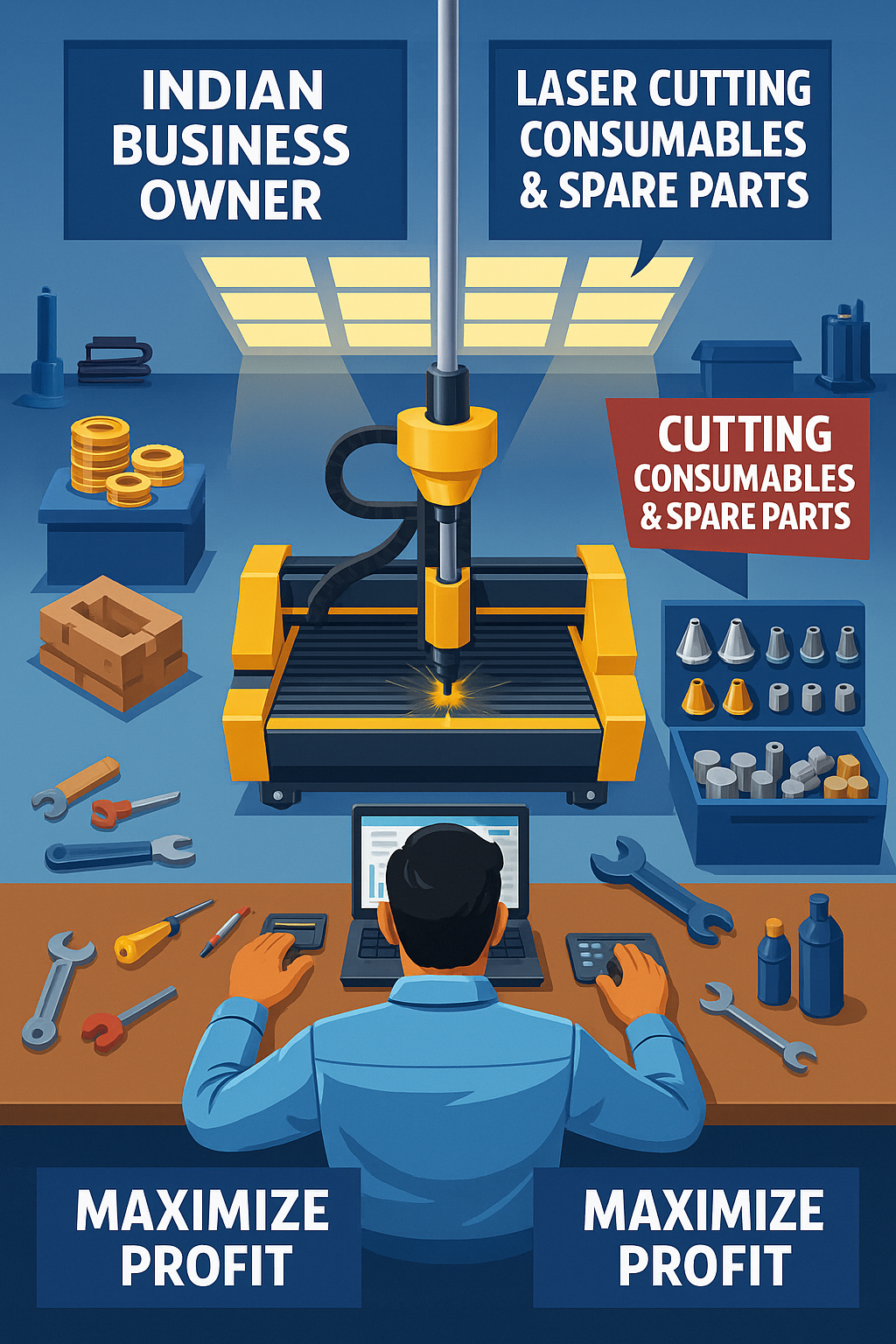 Isometric digital illustration of an Indian business owner operating a CNC laser cutting machine at his workstation, surrounded by spare parts and consumables, with callouts reading “Laser Cutting Consumables & Spare Parts” and “Maximize Profit.”